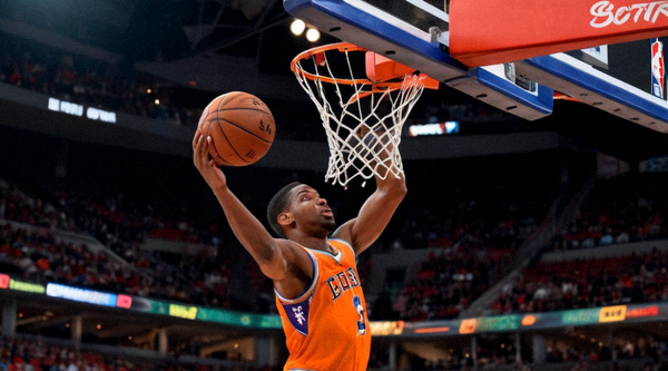 NBA篮球比赛现场，球员在篮下完成上篮动作